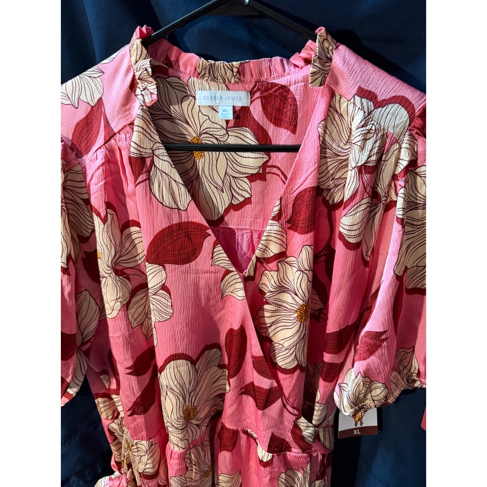 Draper James RSVP Pink Floral Wrap Dress Short Sleeve Ruffle Neck Midi XL - Picture 2 of 5